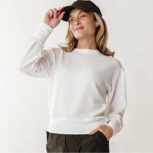 Albion Fit Sweatshirt Womens Small White Ribbed Puff Shoulder 100% Cotton